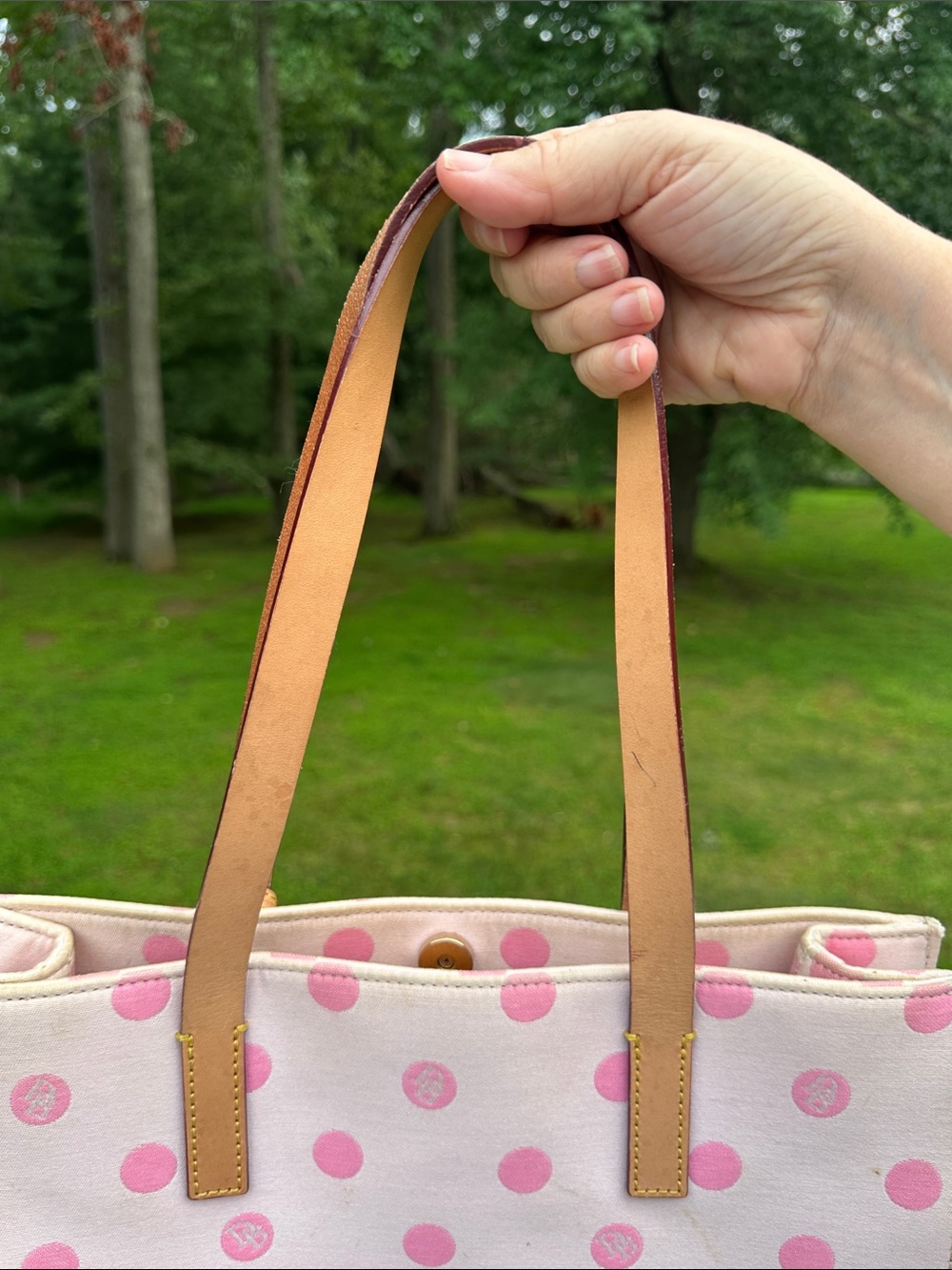 Dooney & Bourke East/West Pink Polka Dot Tote Bag with Tan Straps - Picture 6 of 15